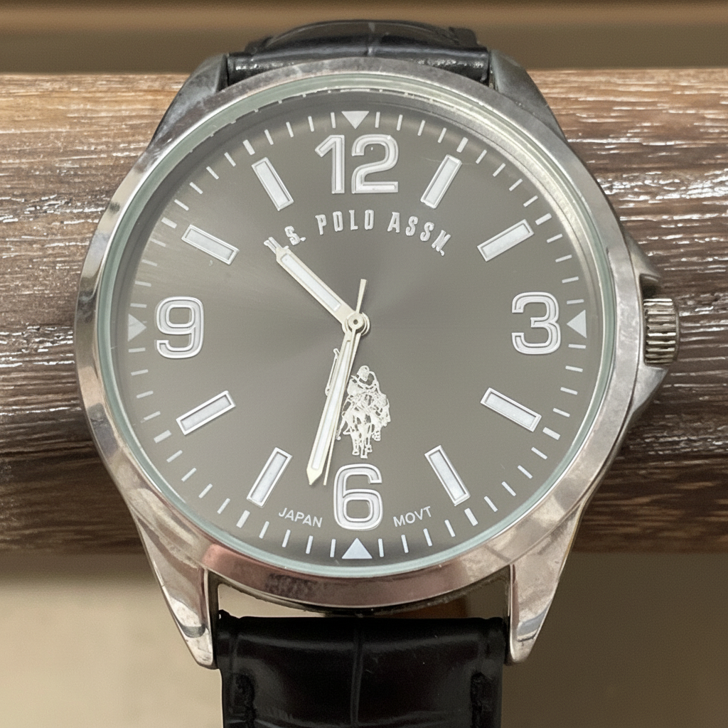 Montre noire vue détail sur bois